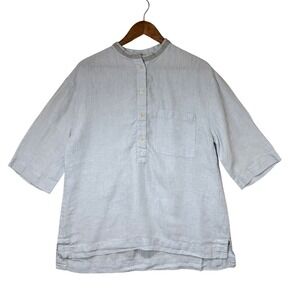 Lafayette 148 Linen Tunic Top Women's Large Blue Mandarin Collar 3/4 Sleeve